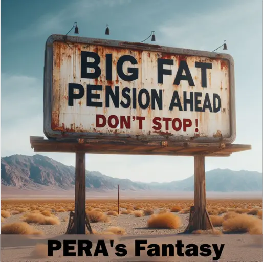 The text on the old billboard is: Big Fat Pension Ahead Don't Stop. It represents PERA's fantasy that the pension is solvent and is worth working for.